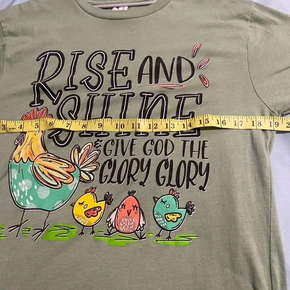 ❤️🐓Rise & Shine Graphic Casual Short Sleeve Long Light Navy Green Tee Shirt - Picture 5 of 6